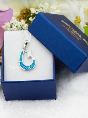 Silver Fish Hook Pendant Necklace with Blue Opal Inlay - Women Jewelry